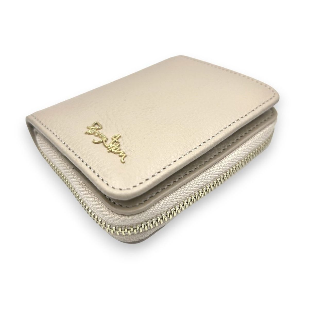 PERRY JHAN - Monedero Billetera Tarjetero Mujer 100% Cuero Color Crema Beige