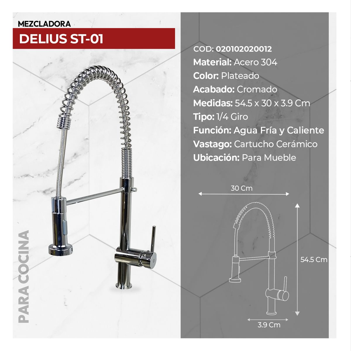 STONE - MEZCLADORA MONOCOMANDO P/COCINA  AL MUEBLE  DELIUS ST-01 CROMADO STONE