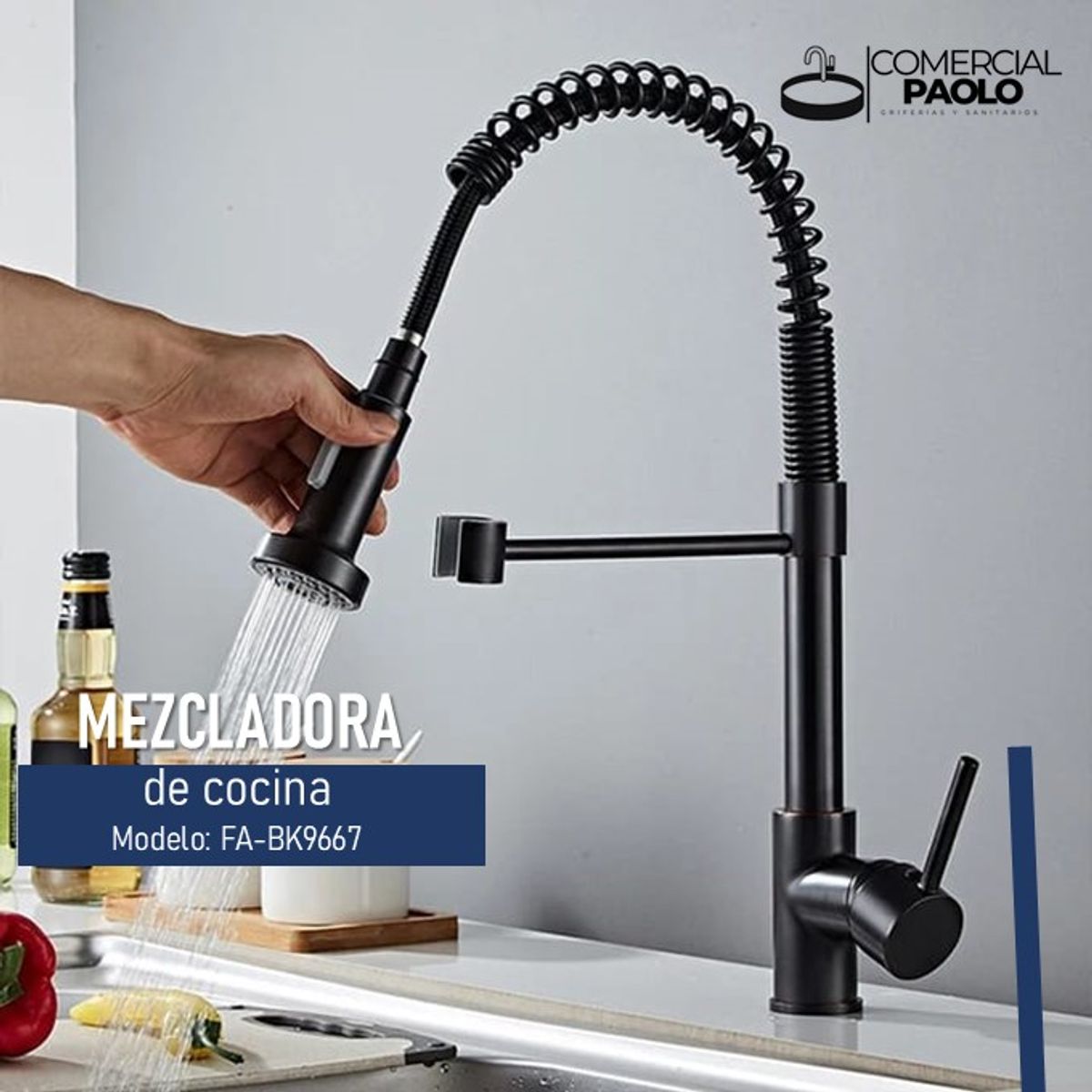 GENERICO - MEZCLADORA DE COCINA RESORTE EXTRAÍBLE NEGRO SEVILLA