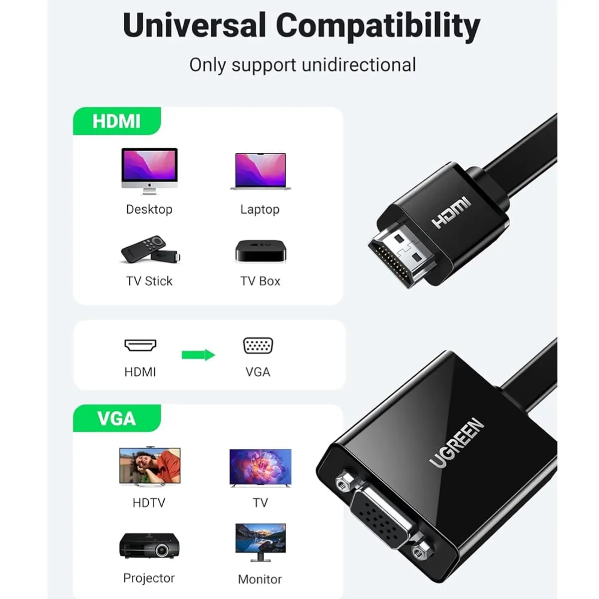 UGREEN - Adaptador Convertidor de HDMI a VGA UGREEN audio jack 3.5mm 60hz 40248