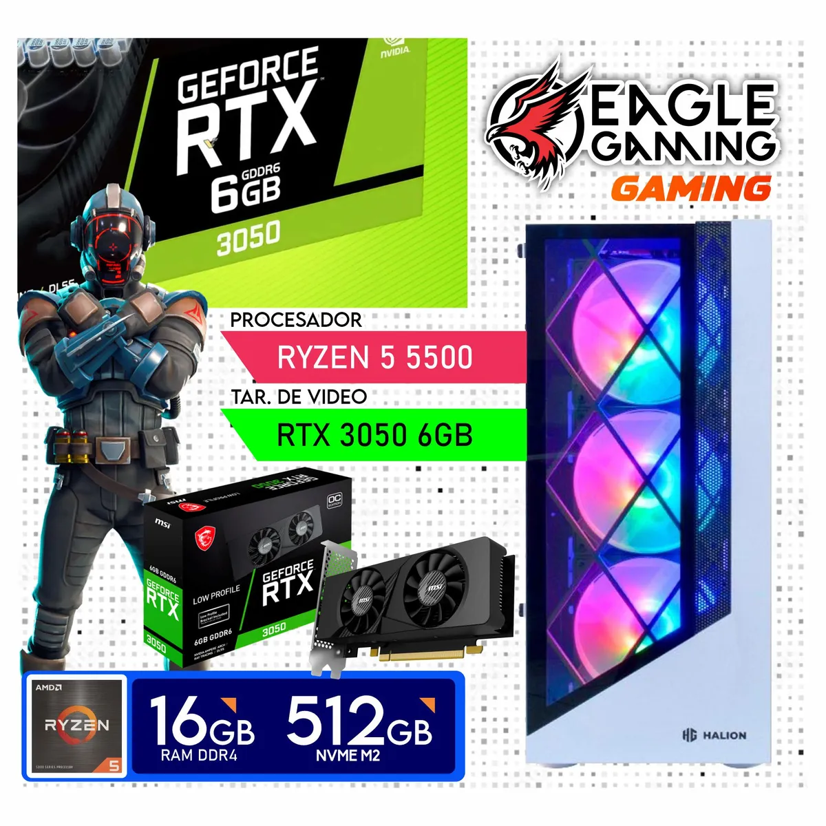 NVIDIA - Computadora PC GAMER Ryzen 5 5500 + RAM 16GB + SSD 500GB + VIDEO RTX 3050 6GB
