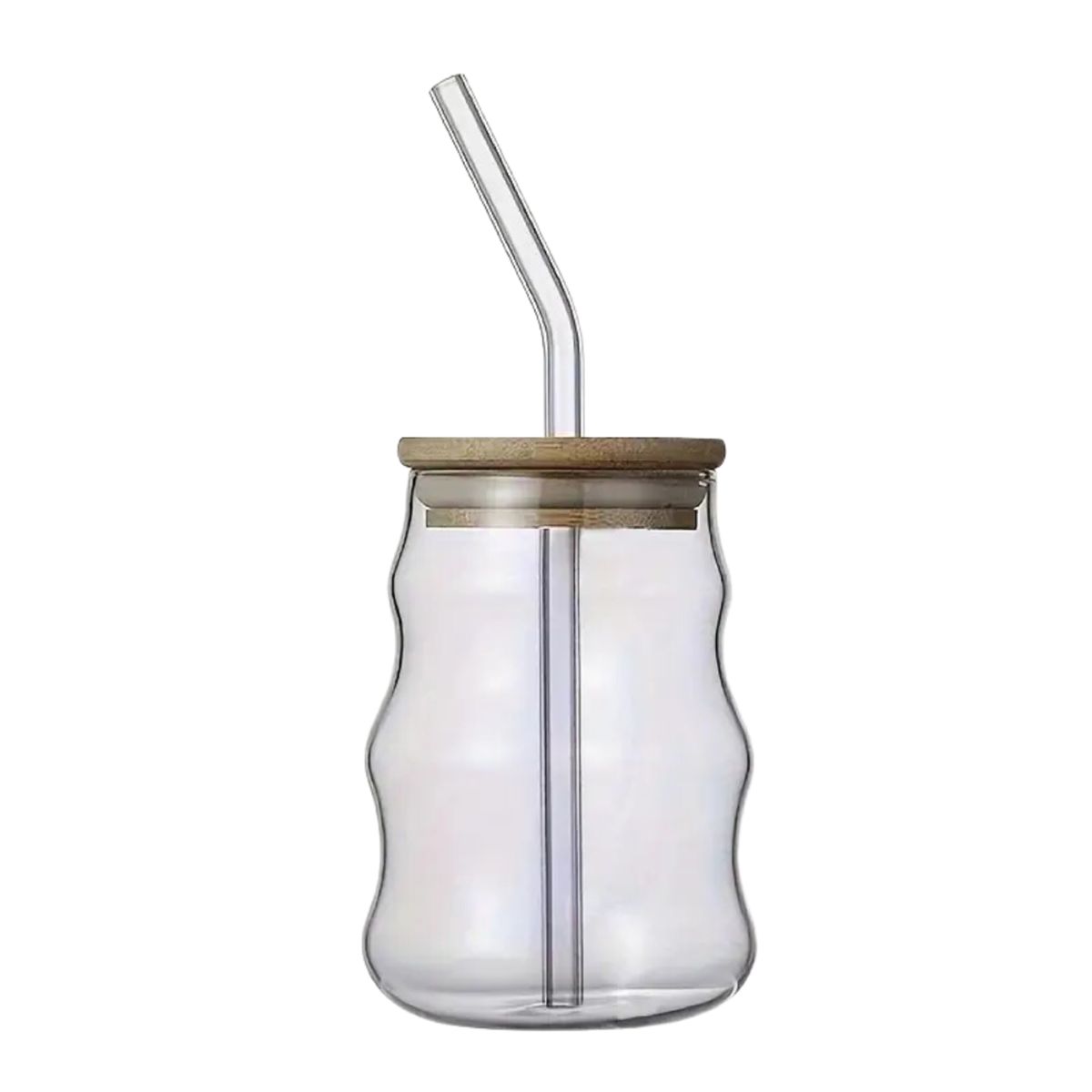 HYGGE - Vaso de Vidrio Borosilicato Ondulado con Tapa de Bambú y Sorbete