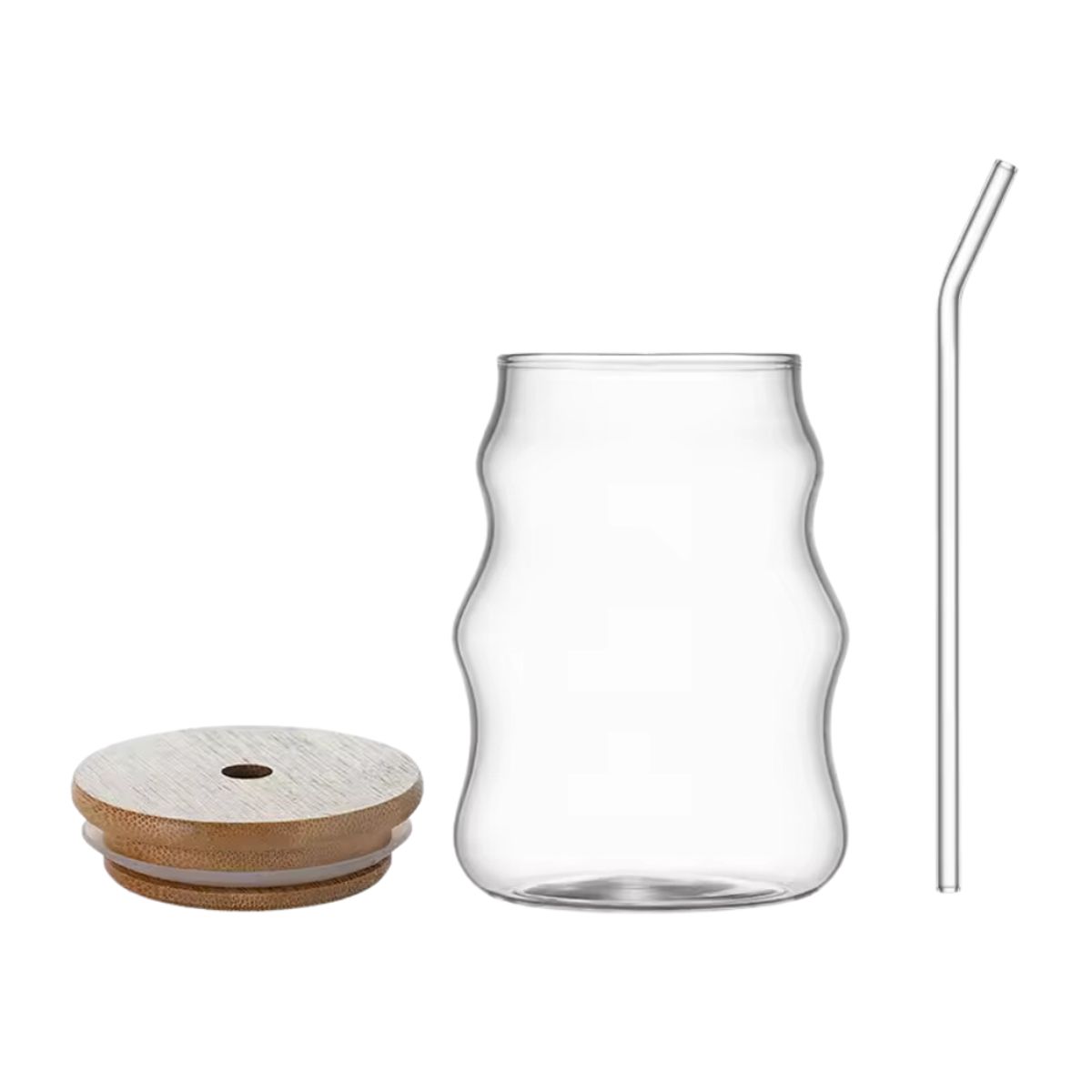 HYGGE - Vaso de Vidrio Borosilicato Ondulado con Tapa de Bambú y Sorbete