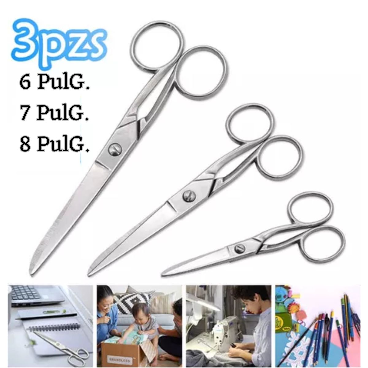 GENERICO - 3 Und Tijera De Metal Para Tela Costura Delfin 6, 7 Y 8 PuLG