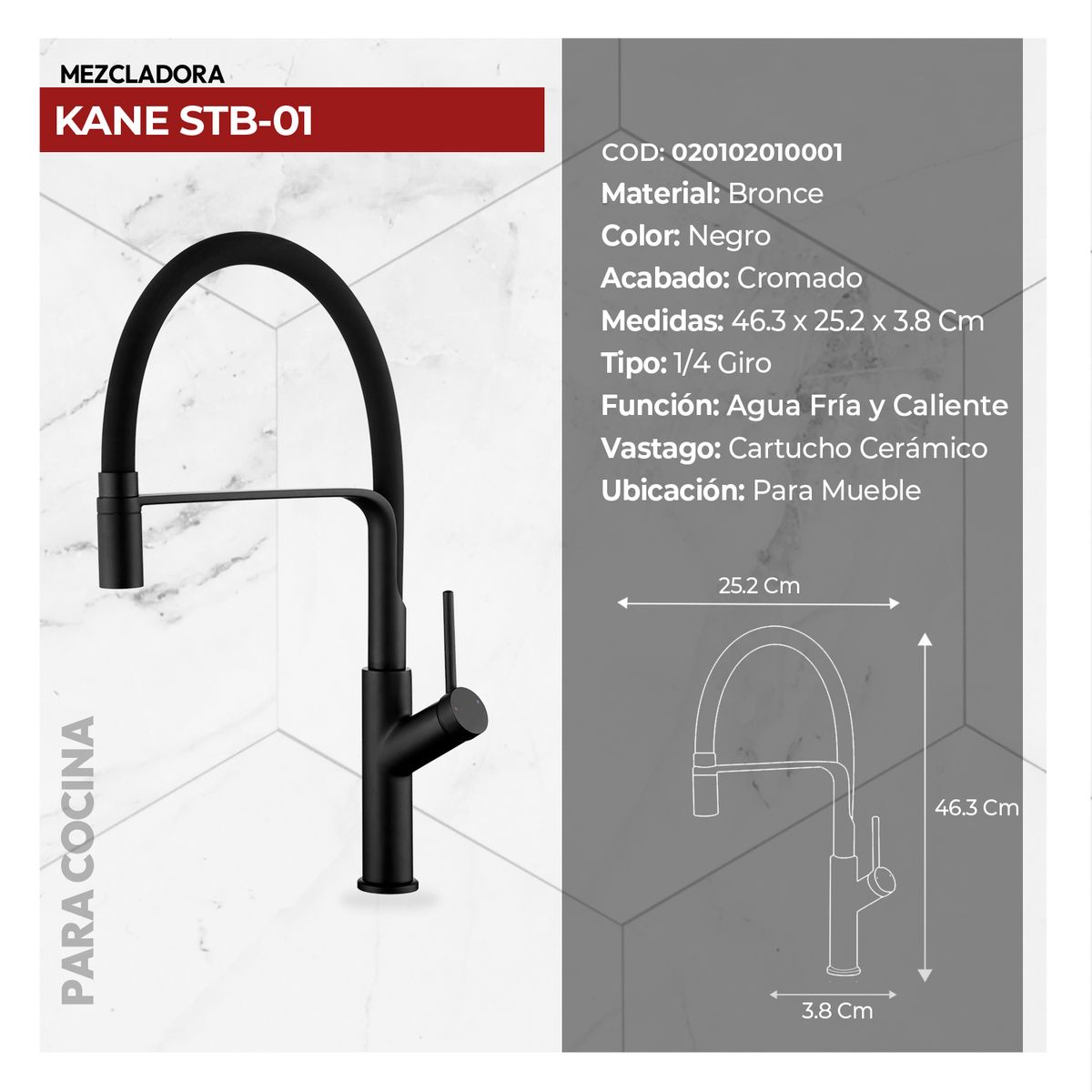 STONE - MEZCLADORA MONOCOMANDO P/COCINA  AL MUEBLE KANE STB-01 BLACK STONE