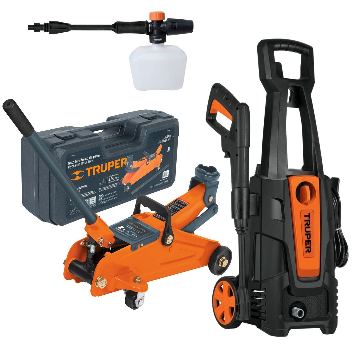 TRUPER - combo Hidrolavadora alta presión 1800PSI Gata 2Tn tipo lagarto maleta
