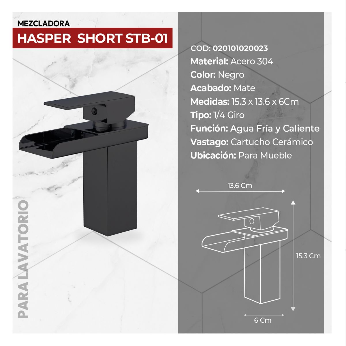 STONE - MEZCLADORA MONOCOMANDO PLAVATORIO HASPER SHORT STB BLACK STONE