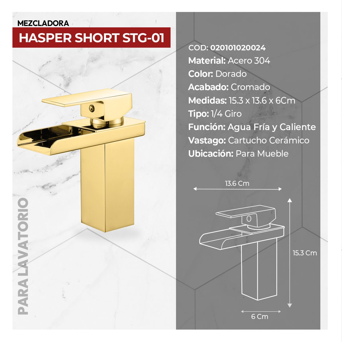 STONE - MEZCLADORA MONOCOMANDO PLAVATORIO HASPER SHORT STG STONE