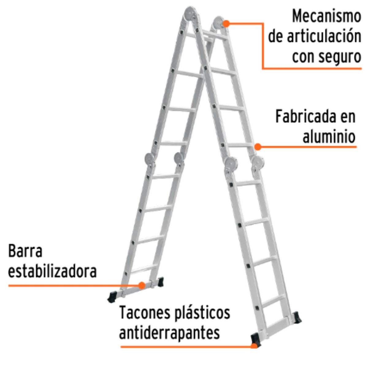 FERTON - Escalera 16 peldaños multiposición articulada escalera de aluminio
