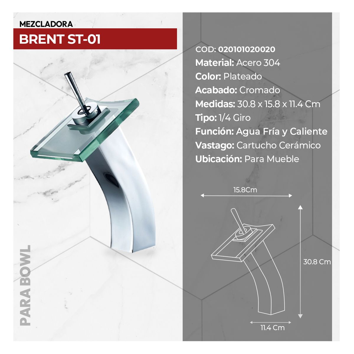 STONE - MEZCLADORA MONOCOMANDO PBOWL AL MUEBLE BRENT ST CROMADO STONE