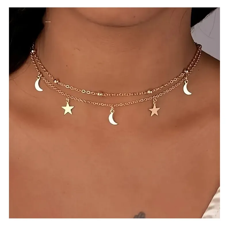 GENERICO - Collar doble luna y estrellas dorado