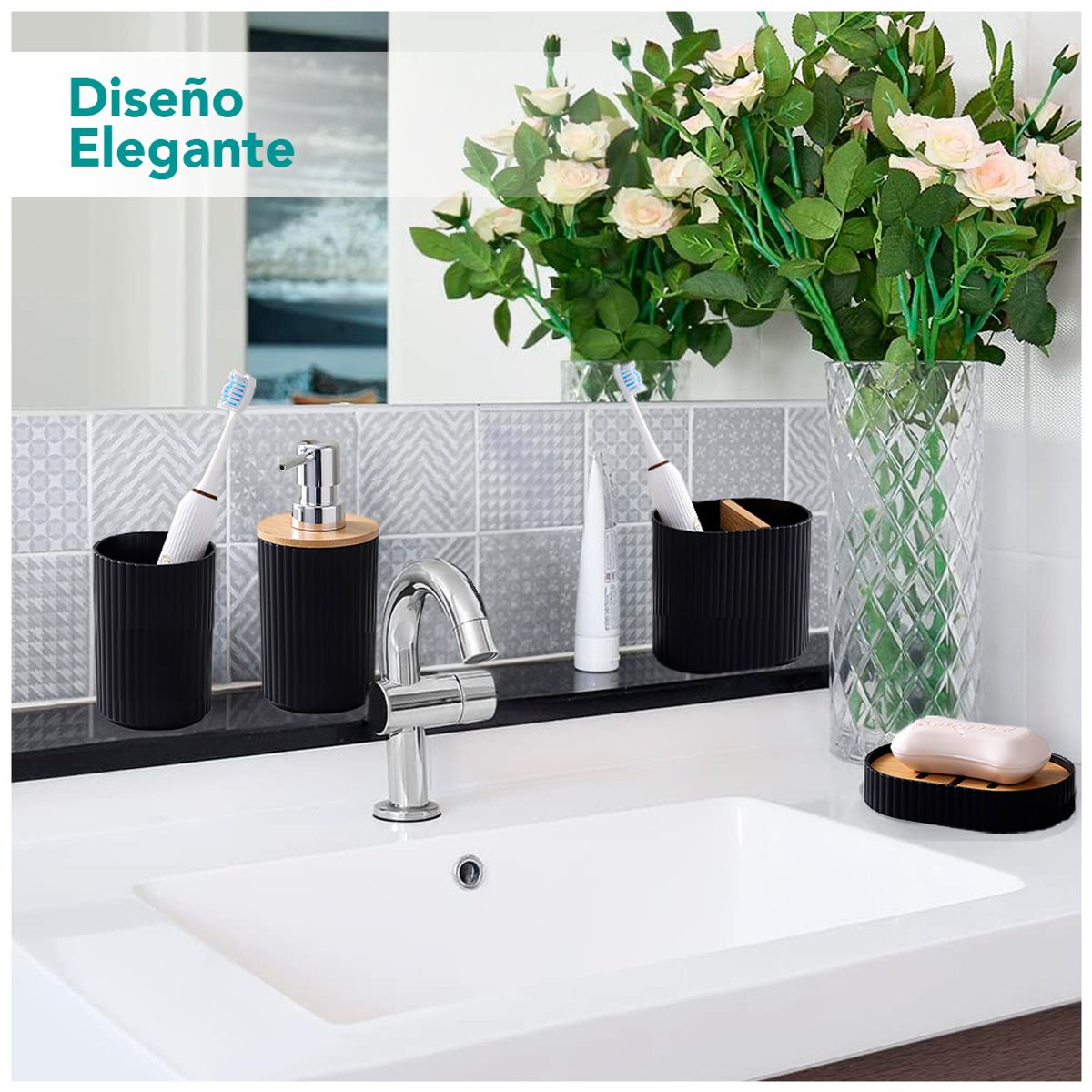 KELLER - Kit de 6 Accesorios de Baño Moderno Negro CC6