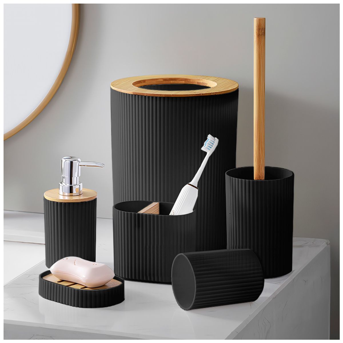 KELLER - Kit de 6 Accesorios de Baño Moderno Negro CC6