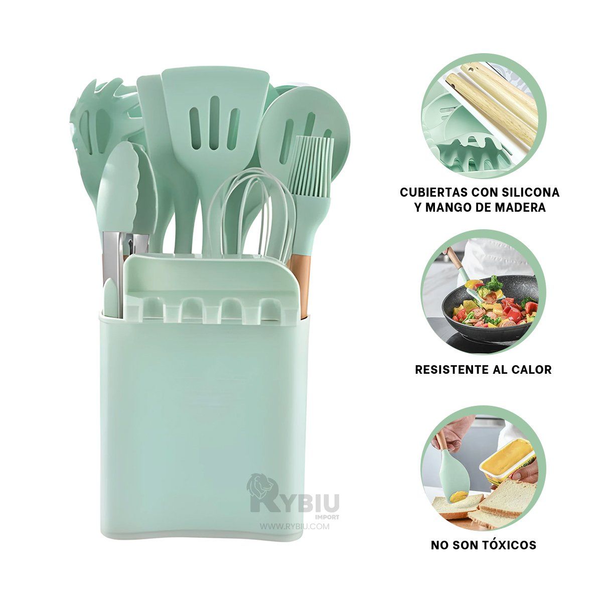 RYBIU IMPORT - Set de 11 Cucharones con Posa Cucharon Verde Agua