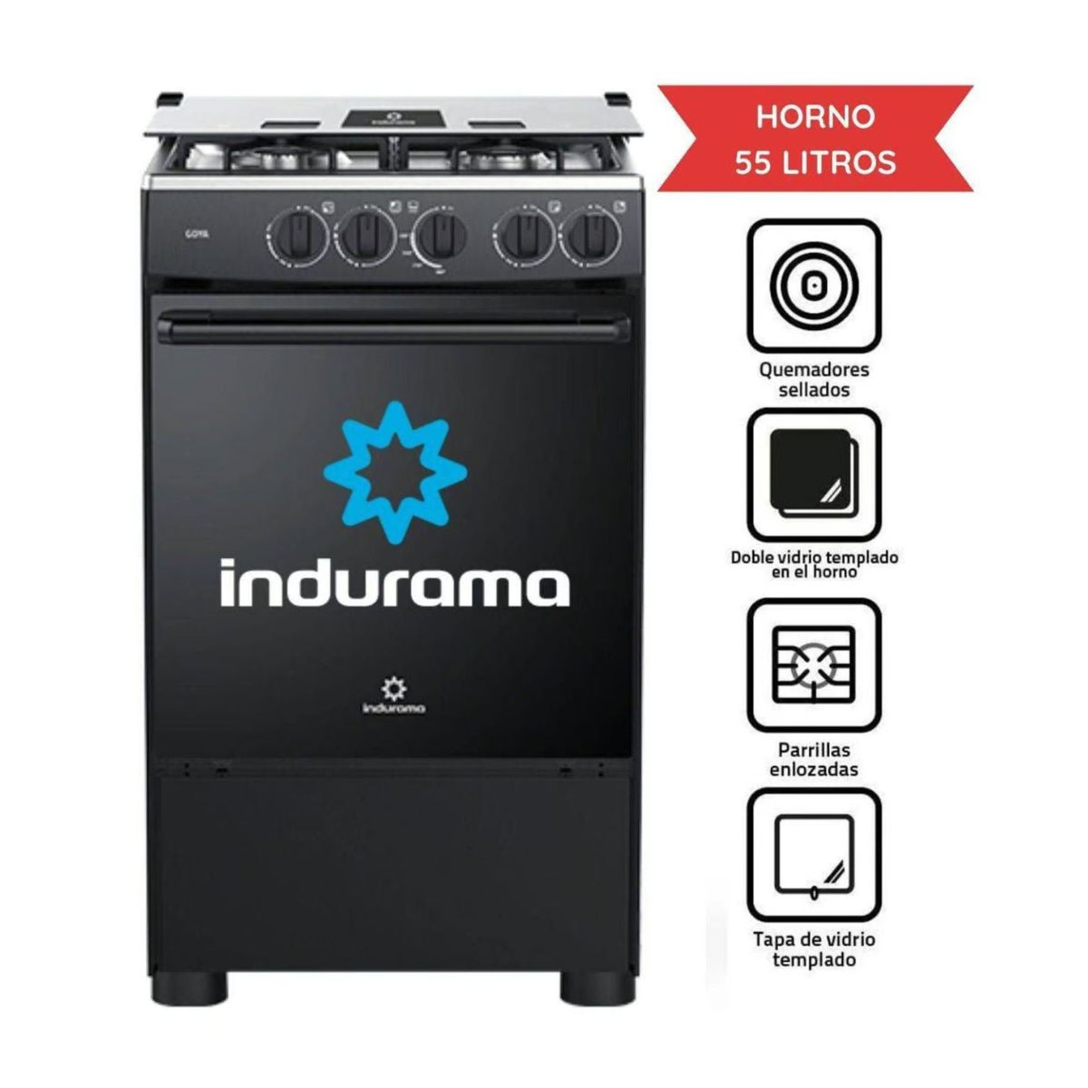 INDURAMA - Cocina a Gas Indurama 4 Hornillas Goya Negra