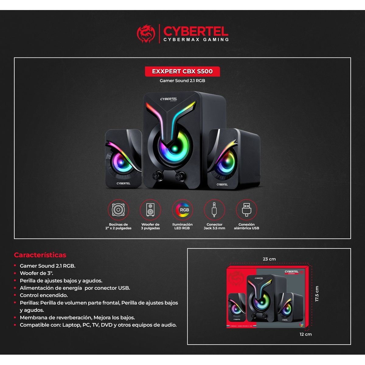 CYBERTEL - PARLANTE 2.1 EXXPERT CBX S500 RGB CYBERTEL