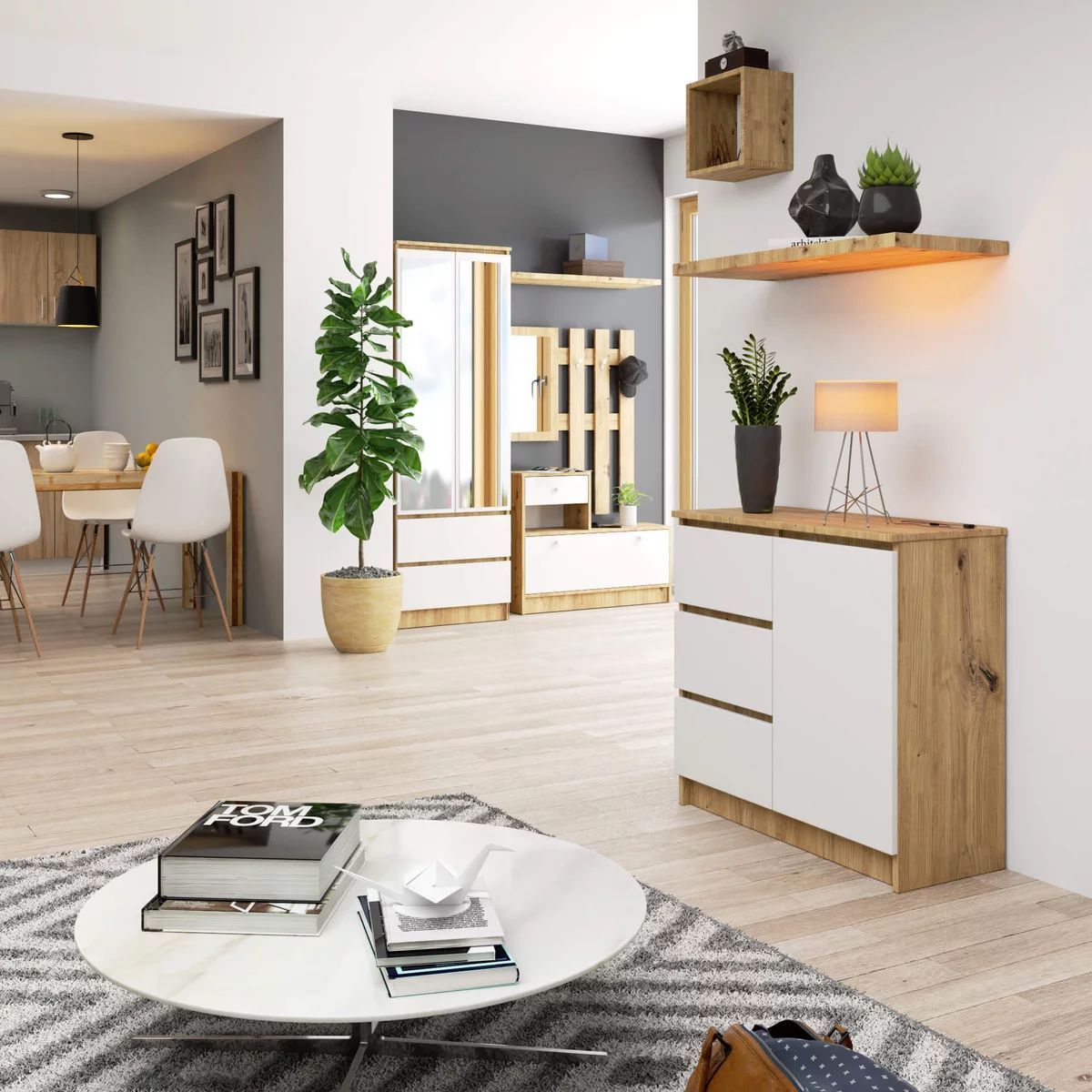 TU MESITA - Cómoda Recibidor Jimy color RobleBlanco 3 cajones 1 puerta TU MESITA