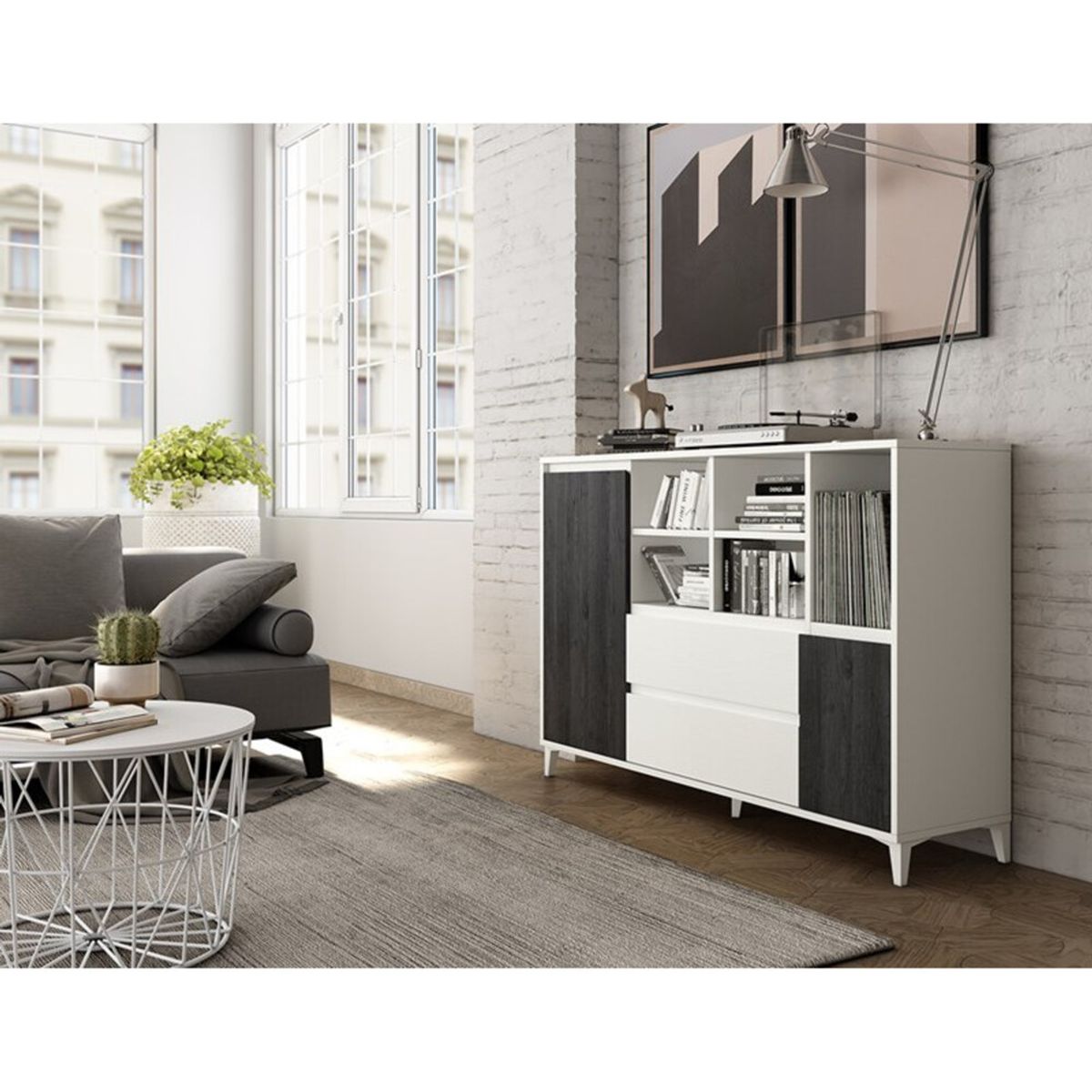 TU MESITA - Aparador Multiusos Rocha color BlancoNegro 2 puertas 2 cajones TU MESITA