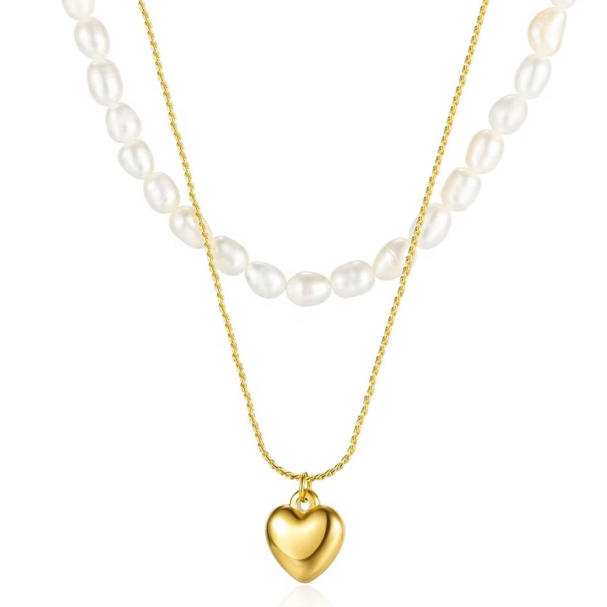 GENERICO - Collar Doble Corazón Mujer Perlas de Río Cadena Dorada Acero Inoxidable Ajustable