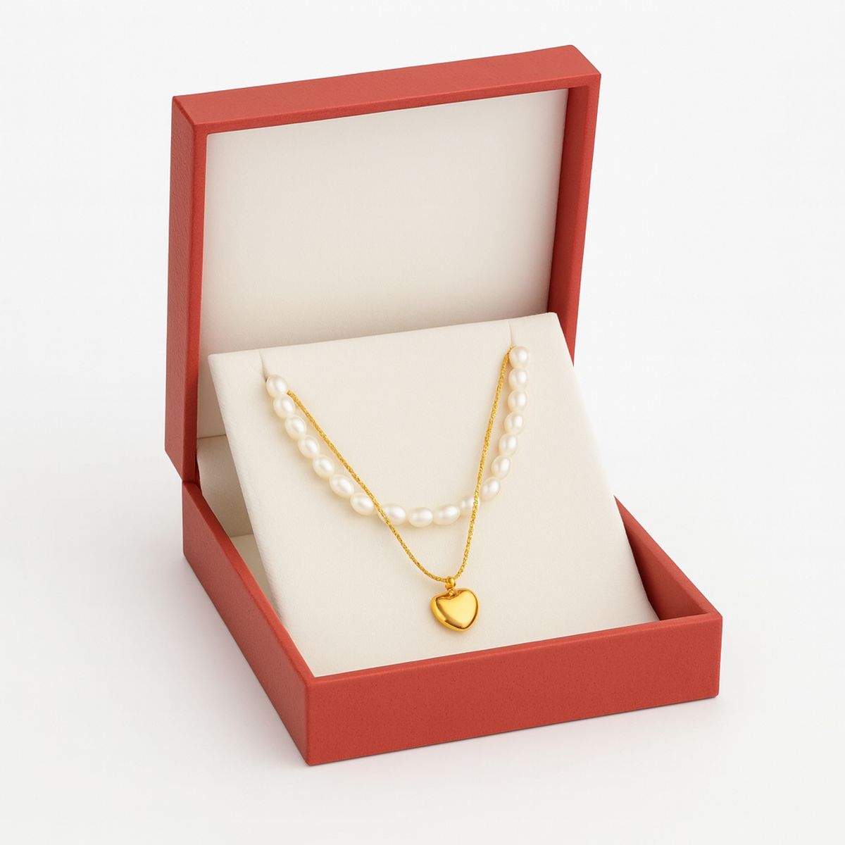 GENERICO - Collar Doble Corazón Mujer Perlas de Río Cadena Dorada Acero Inoxidable Ajustable