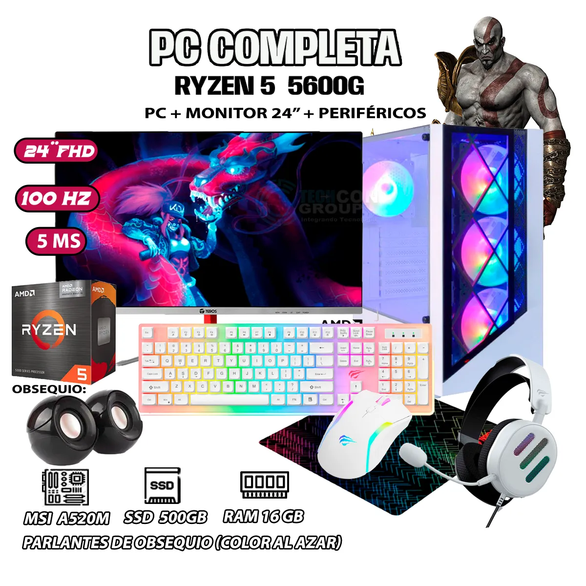 AMD - Computadora Completa DRAGON Ryzen 5 5600G RAM 16GB DISCO 500GB SSD MONITOR 24"