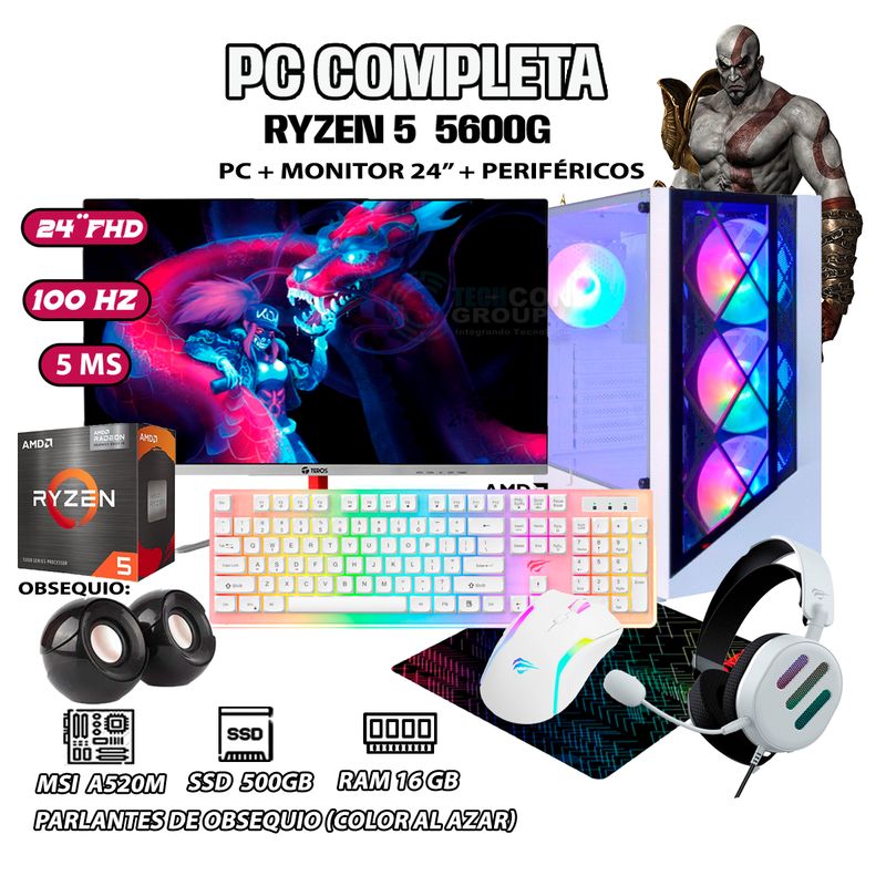 AMD - Computadora Completa DRAGON Ryzen 5 5600G RAM 16GB DISCO 500GB SSD MONITOR 24"