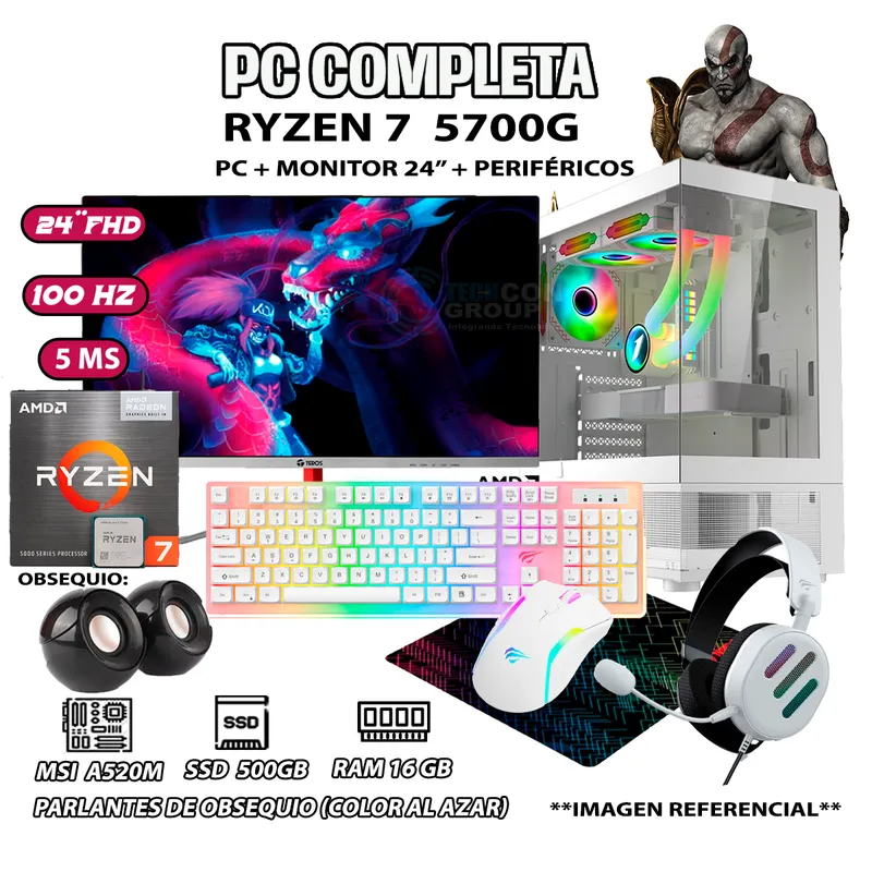 AMD - Computadora PC GAMER R5 WHITE Ryzen 7 5700G RAM 16GB SSD 500GB MONITOR 24" FHD
