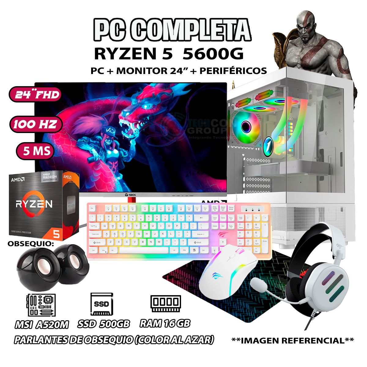 AMD - Computadora Completa MI7 Ryzen 5 5600G RAM 16GB DISCO 500GB SSD MONITOR 24"