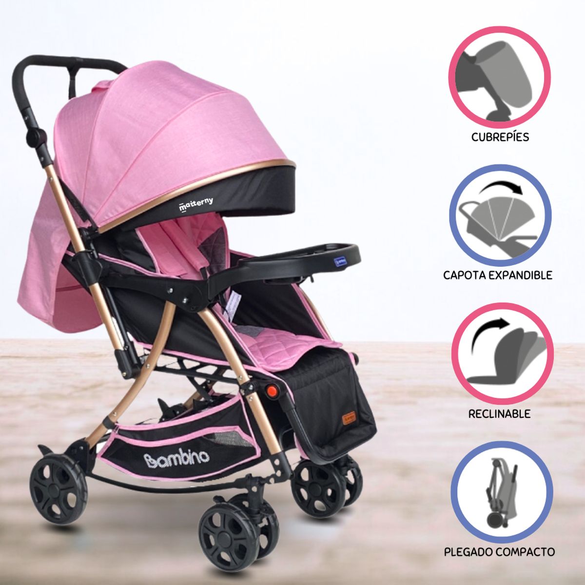 BAMBINO - Coche Cuna con Mecedora para Bebé «ROMA» Pink