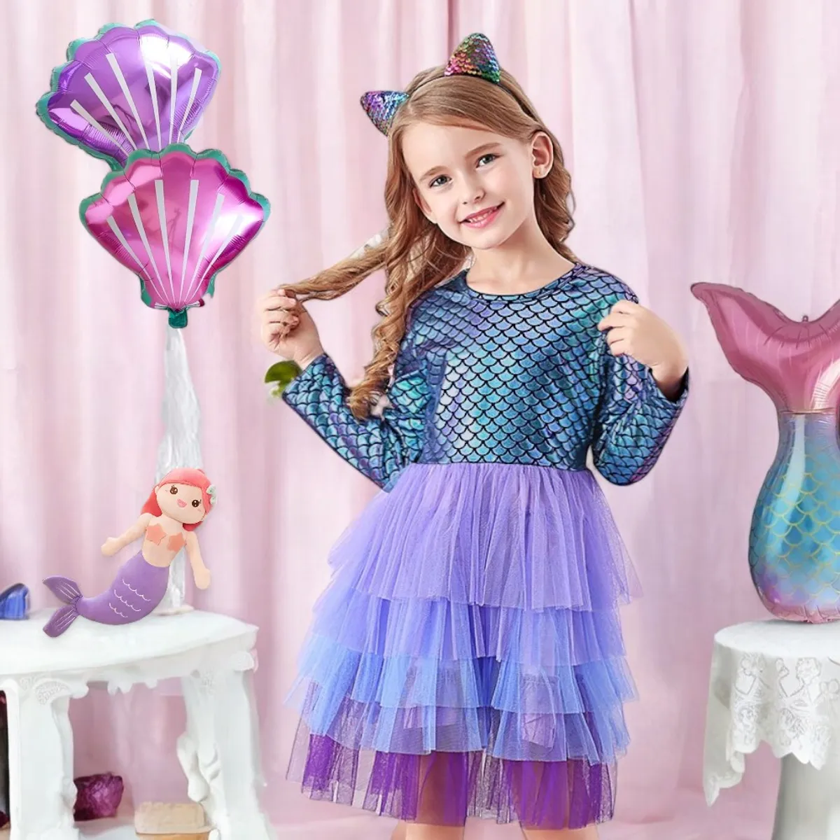 GENERICO - VESTIDO PARA NIÑA - DISEÑO SIRENITA CON CAPAS DE TUL