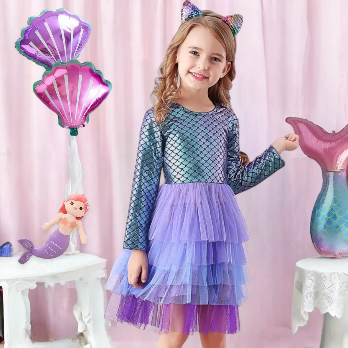 GENERICO - VESTIDO PARA NIÑA - DISEÑO SIRENITA CON CAPAS DE TUL