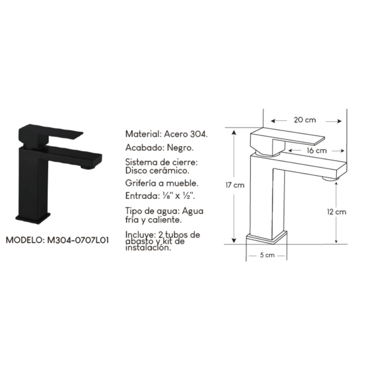 XM - Mescladora Monocomando Acero 304 Negro