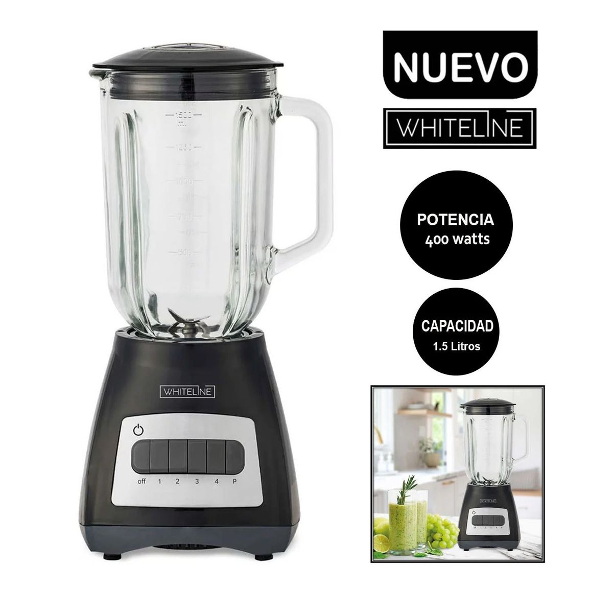 WHITELINE - Licuadora Whiteline P8903 de 1.5 Litros 400 Watts Color Negro