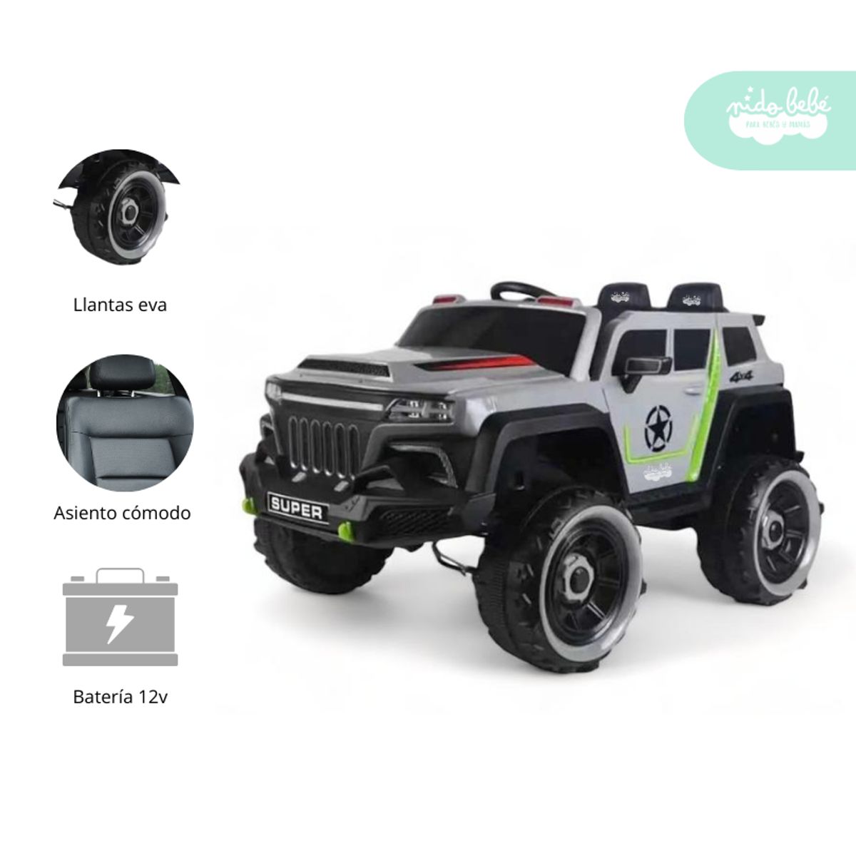 GENERICO - Carrito a Batería para niño Modelo Moster Plomo