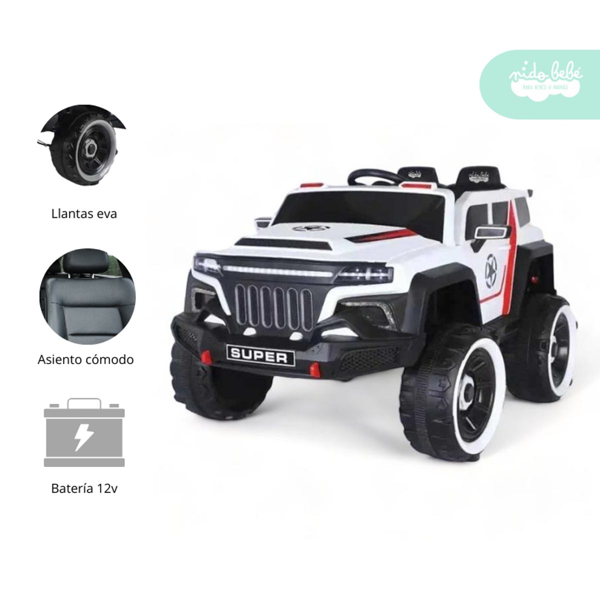 GENERICO - Carrito a Batería para niño Modelo Moster Blanco