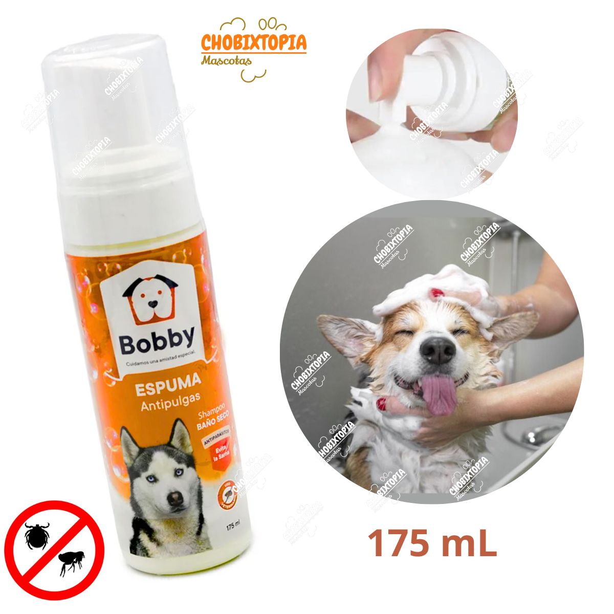 BOBBY - ESPUMA BAÑO EN SECO MASCOTA PERRO ANTIPULGA x 175 mL