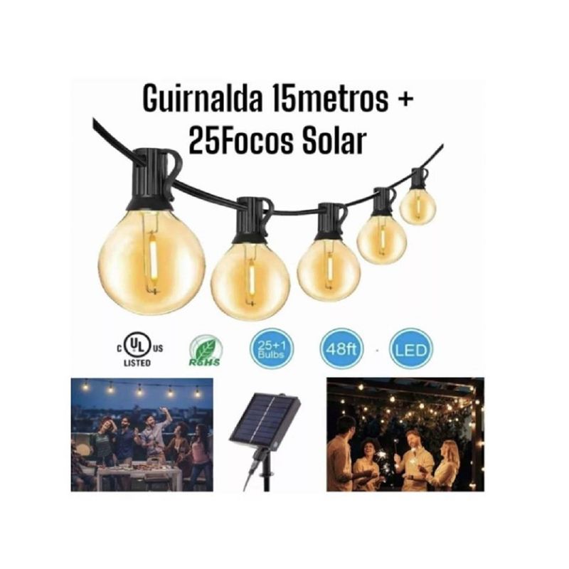 GENERICO - Luces Guirnaldas Led 25 Focos 15Metros Para Jardín Exterior SOLAR
