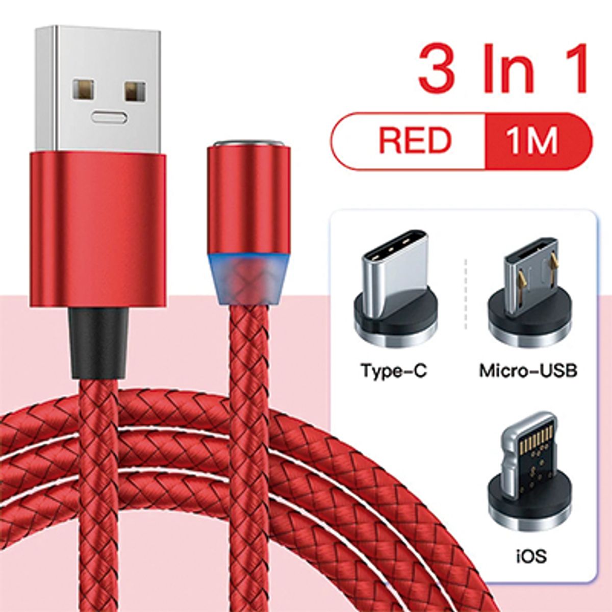 GENERICO - CABLE IMANTADO MAGNÉTICO 3 EN 1.  ANDROID TIPO C Y LIGHTNING- ROJO