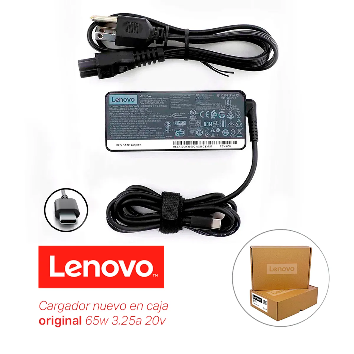 LENOVO - Cargador Lenovo Tipo C 65w 20v 3-25a ORIGINAL