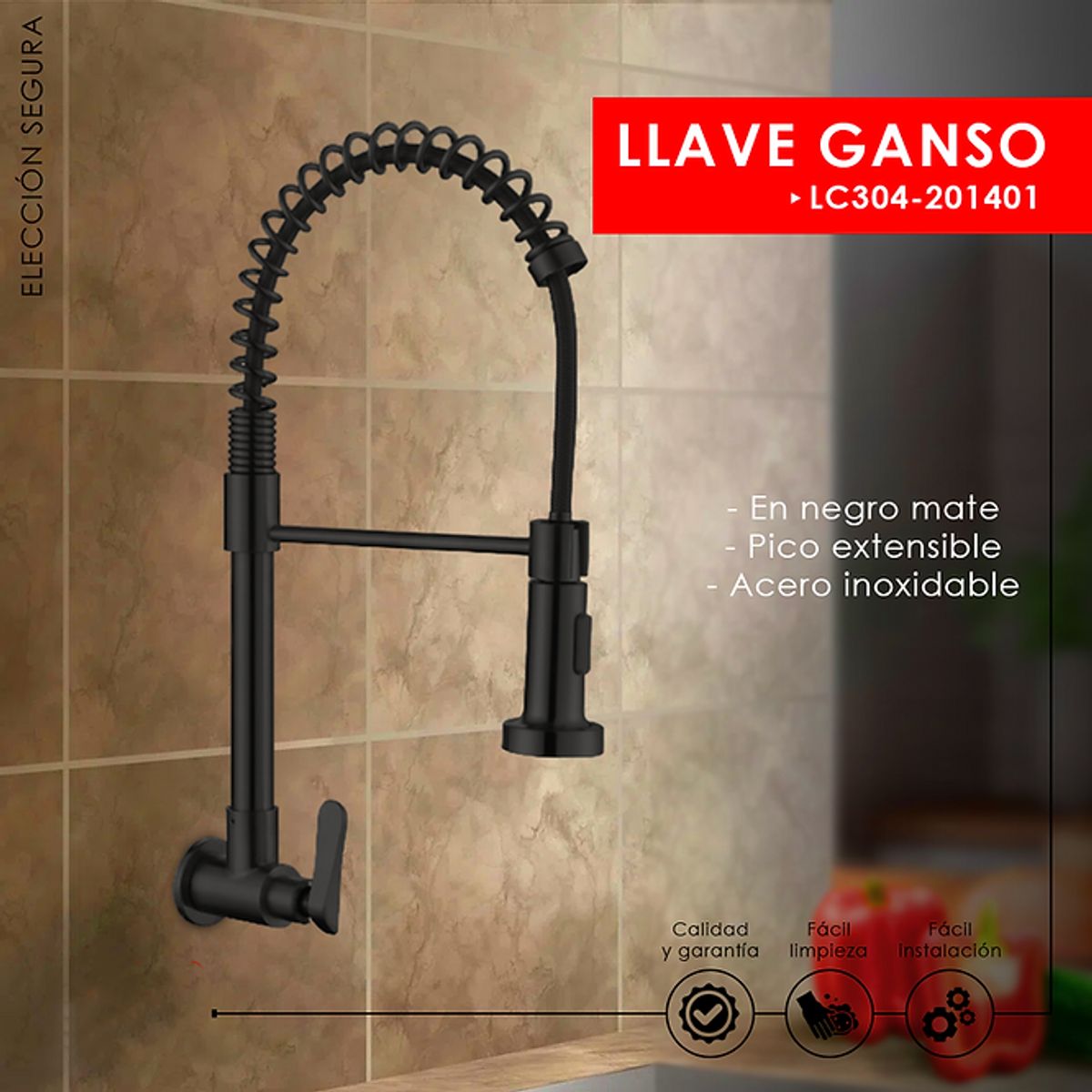 XM - LLAVE DE COCINA RESORTE NEGRO PARED LC304-201401