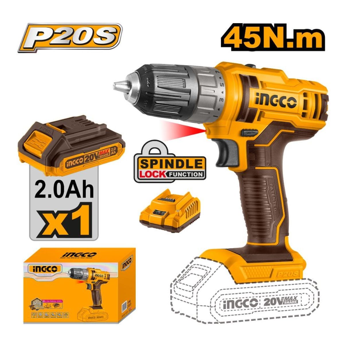 INGCO TOOLS - Taladro Atornillador Ingco 20V 20AH CDLI200518