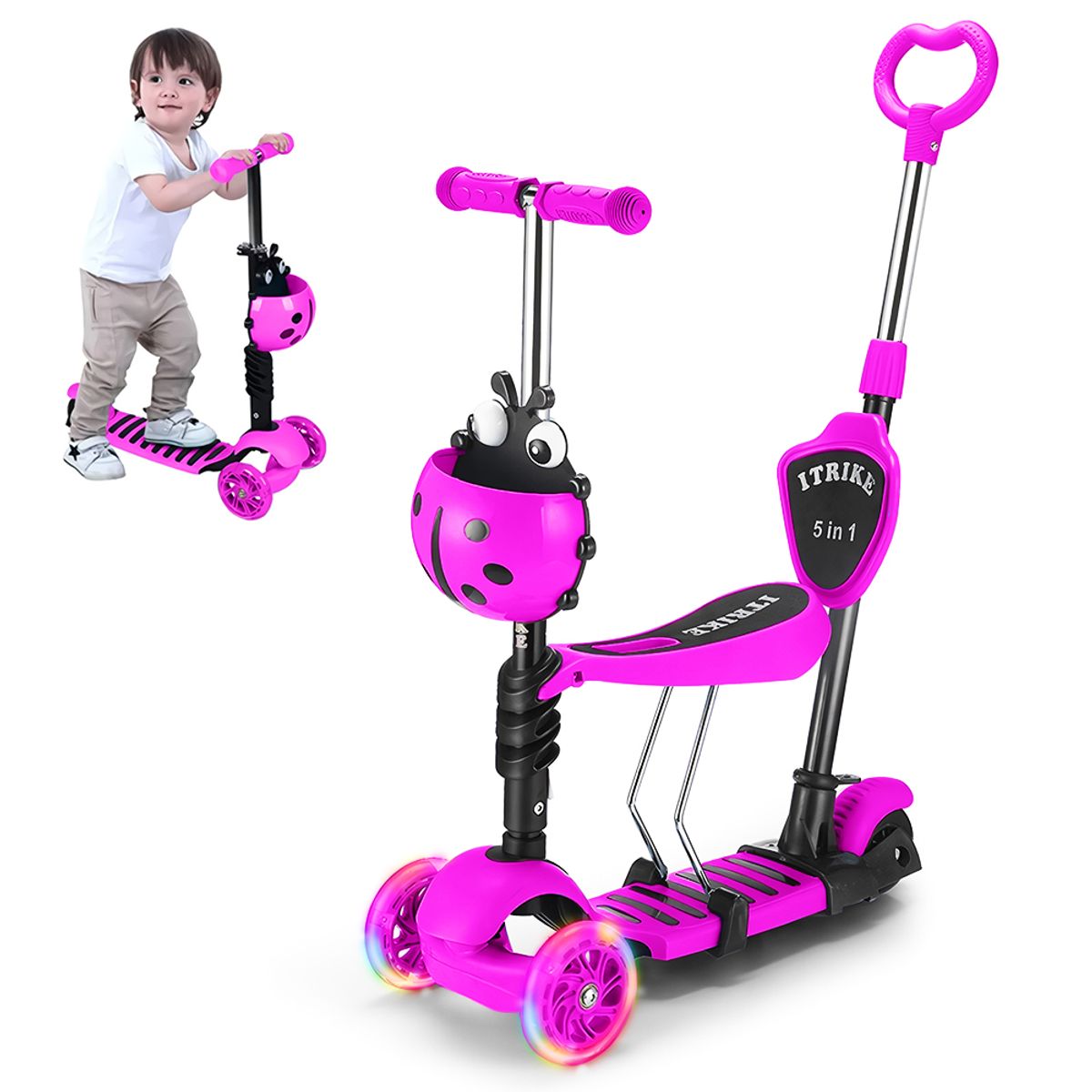 KELLER - Scooter 5en1 Monopatín Mariquita Graduable Niños Fucsia 36P
