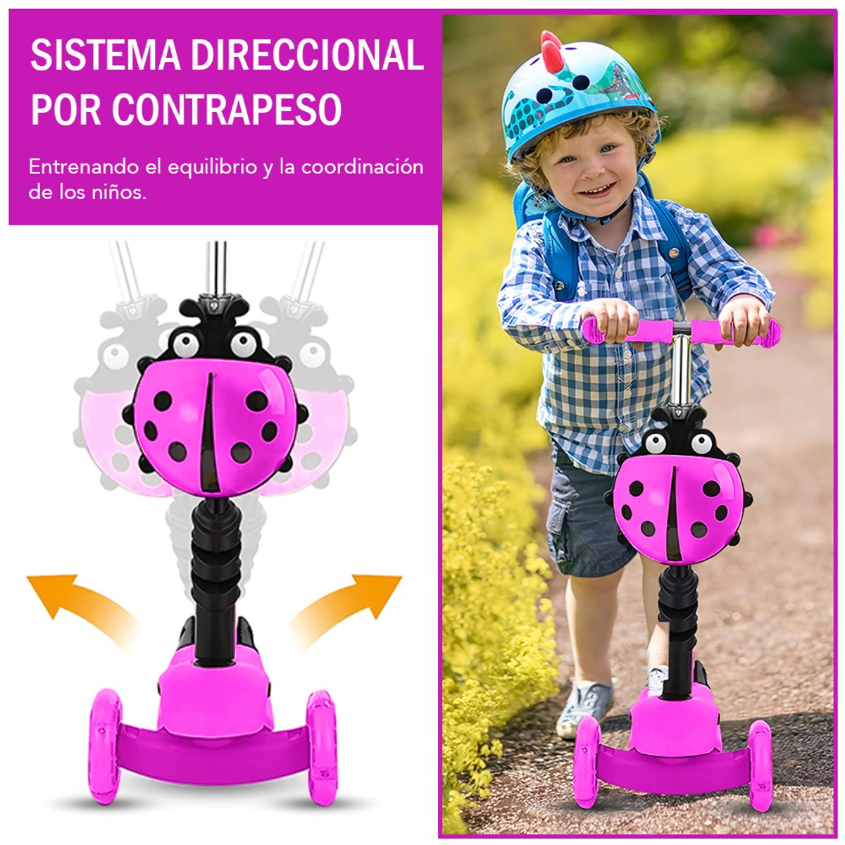 KELLER - Scooter 5en1 Monopatín Mariquita Graduable Niños Fucsia 36P