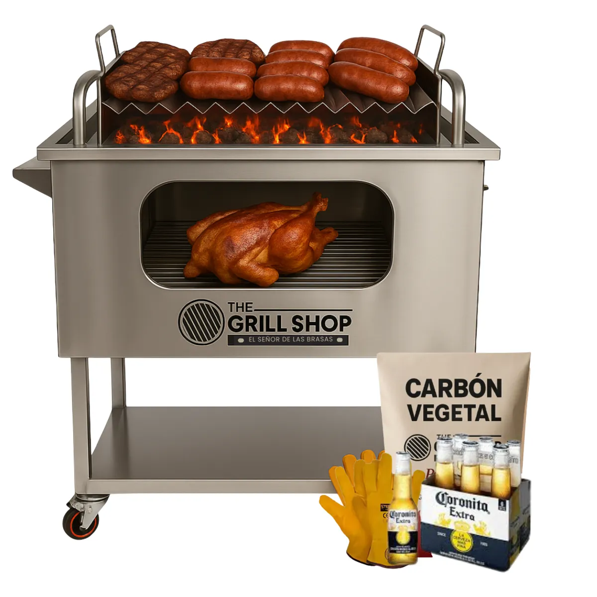 THE GRILL SHOP - Caja China Grande Inoxidable Visor + Guantes + Carbón + Cerveza