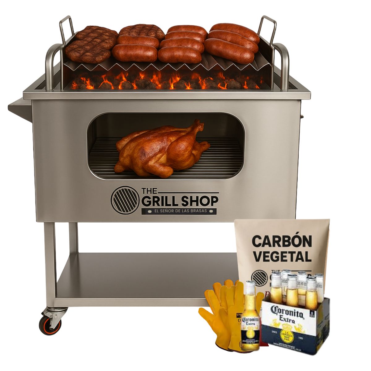 THE GRILL SHOP - Caja China Grande Inoxidable Visor + Guantes + Carbón + Cerveza
