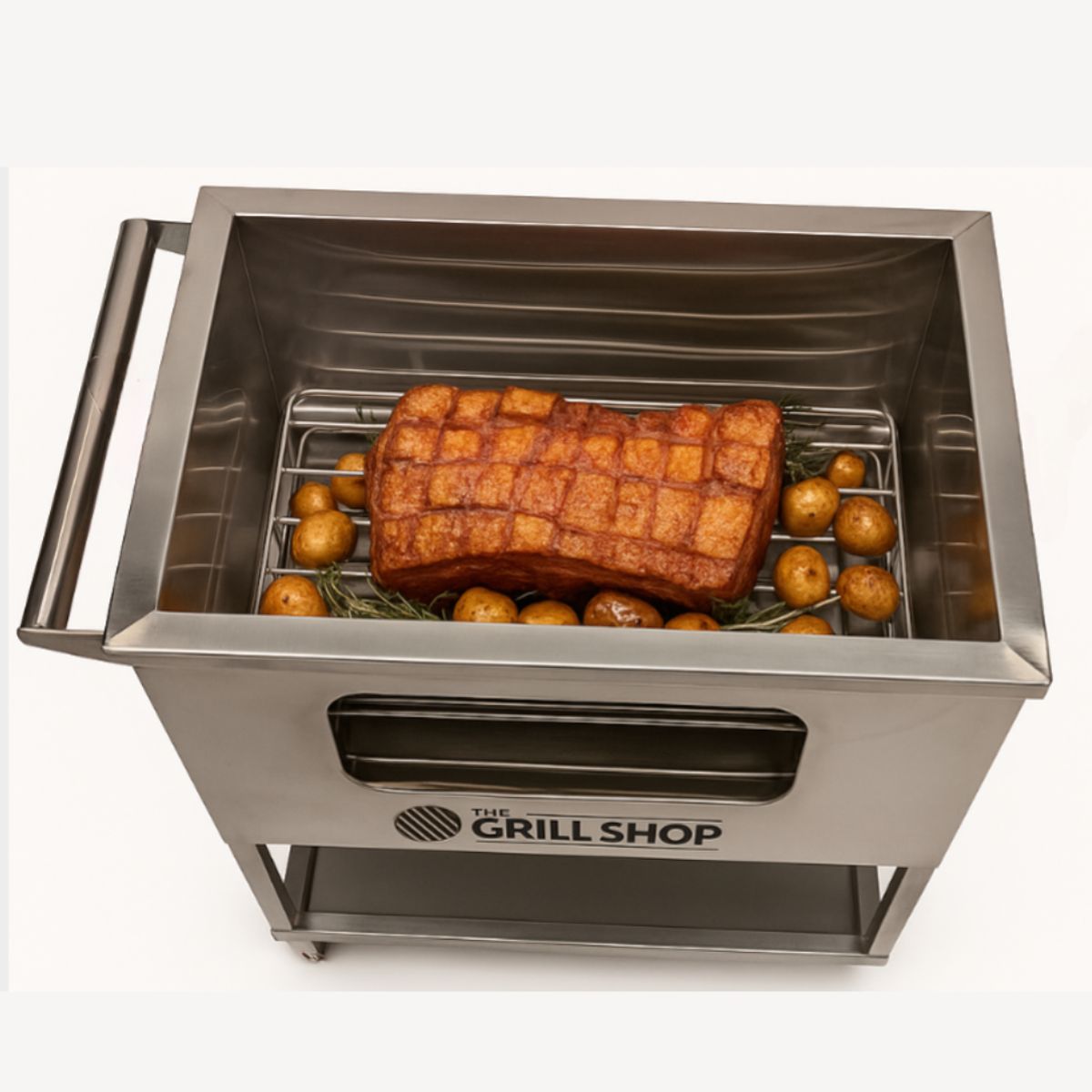 THE GRILL SHOP - Caja China Grande Inoxidable Visor + Guantes + Carbón + Cerveza