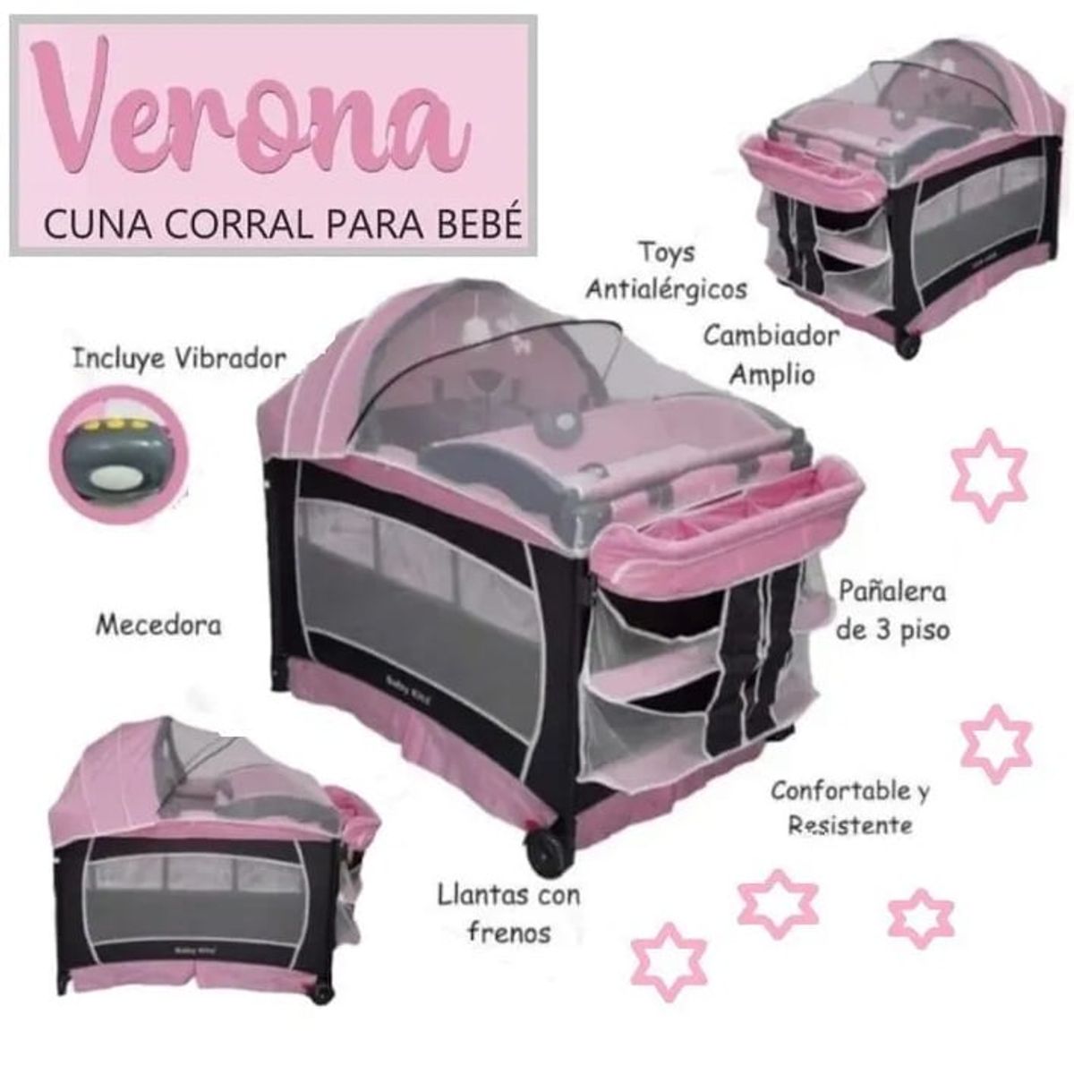 BABY KITS - Cuna Corral Baby Kits Verona Vibrador Rosado
