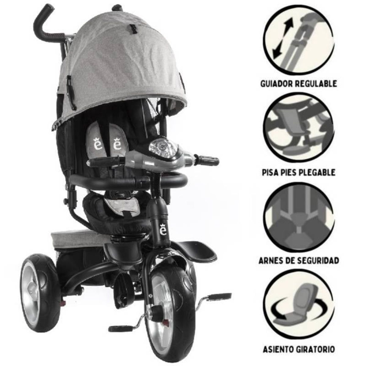 EBABY - Triciclo Paseador con Asiento Giratorio Sonido y Luces Gris