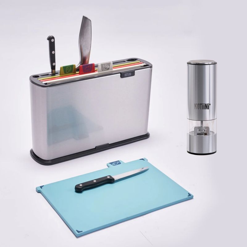 KOTIINI - Set 4 tablas para cortar con base + Moledor eléctrico acero Kotiini