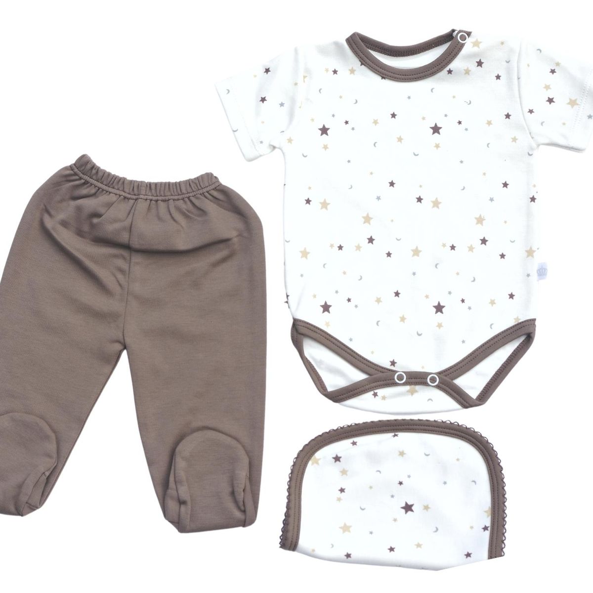 GENERICO - Ajuar Set 3 piezas manga corta Estampado Estrellas Marron